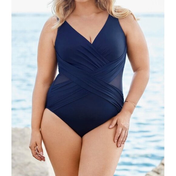 Miraclesuit Plus Size Crossover One Piece Swimsuit Navy Beach Tummy Control 22W - Picture 2 of 10